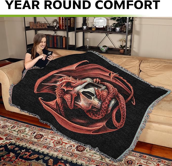 Skull Embrace by Anne Stokes, Tapestry Throw Woven from Cotton