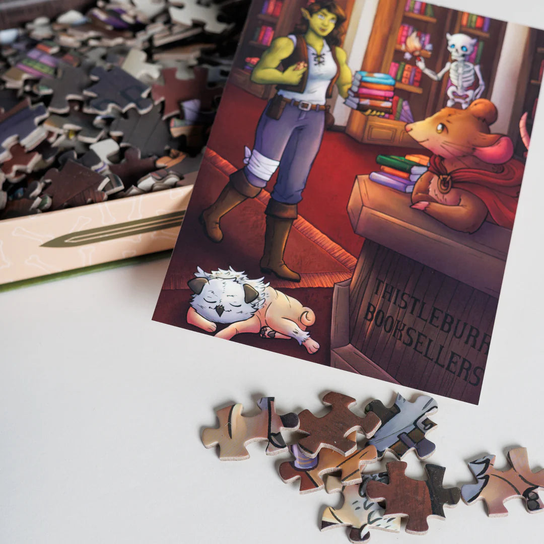 Thistleburr Booksellers Keepsake Puzzle | Bookshops & Bonedust art by Chantal Van Rensburg, 250 Piece Puzzle