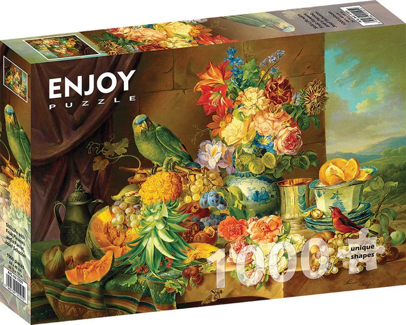 Still Life with Fruit Flowers and Parrot by Josef Schuster, 1000 Piece Puzzle