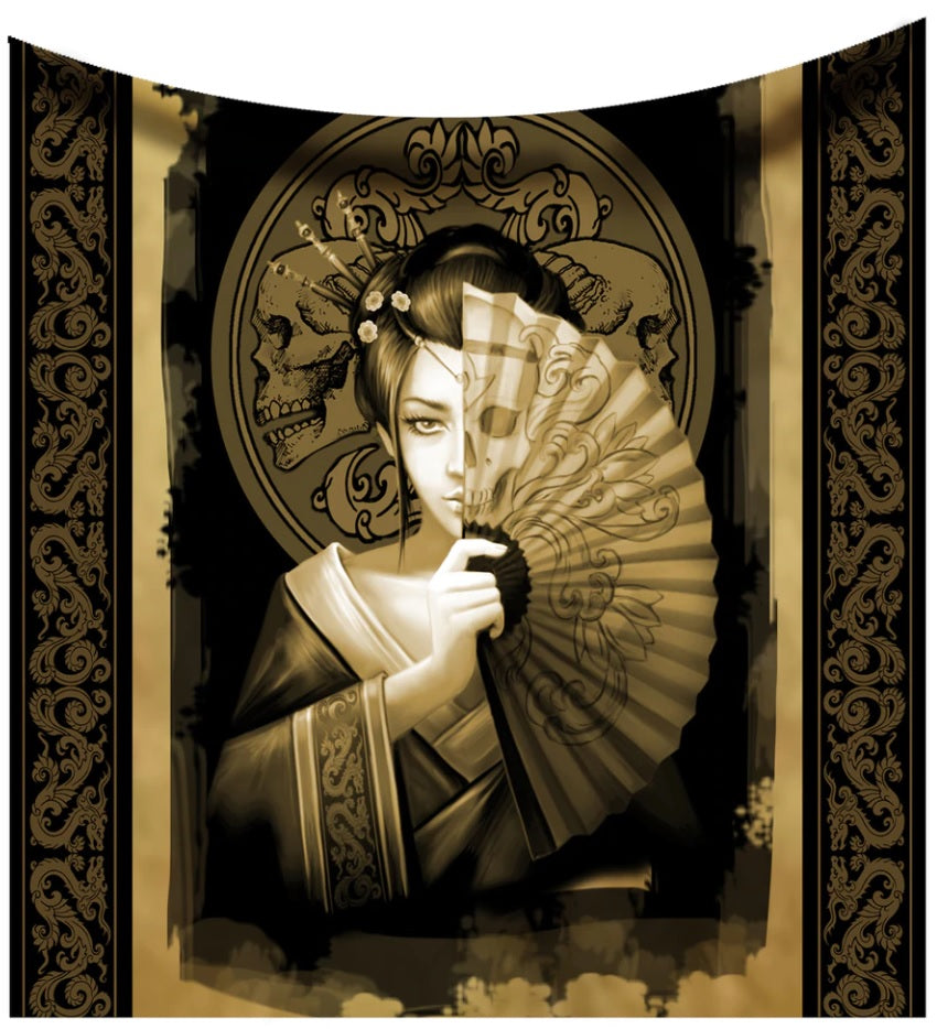 Geisha Skull by Anne Stokes, Fleece Blanket