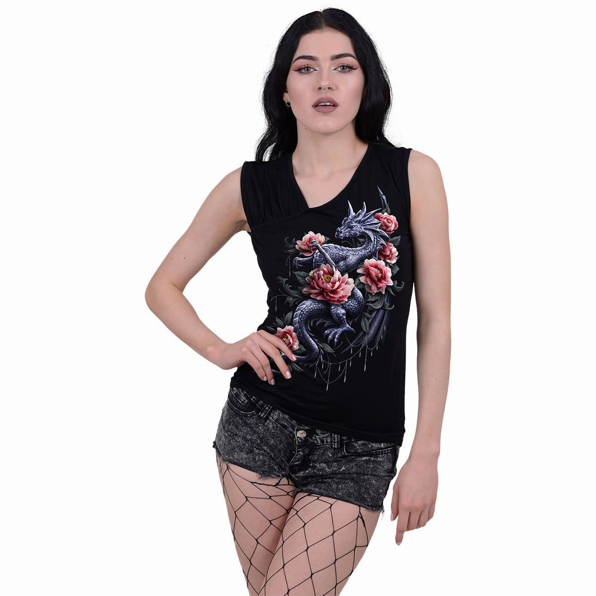 DRAGON ROSE SLANT - Gathered Shoulder Slant Vest Black