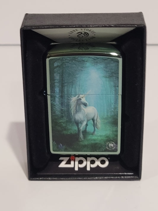 Zippo Lighter: Forest Unicorn by Anne Stokes, Green Chrome