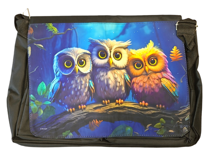 3 Owls On Branches by Momart, Messenger Bag