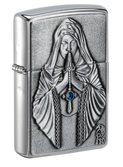 Zippo-aansteker: Anne Stokes, biddende vrouw (gotisch gebed) embleem - geborsteld chroom