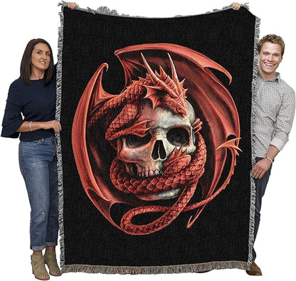 Skull Embrace by Anne Stokes, Tapestry Throw Woven from Cotton