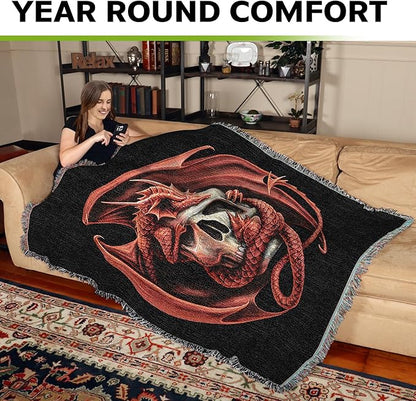 Skull Embrace by Anne Stokes, Tapestry Throw Woven from Cotton