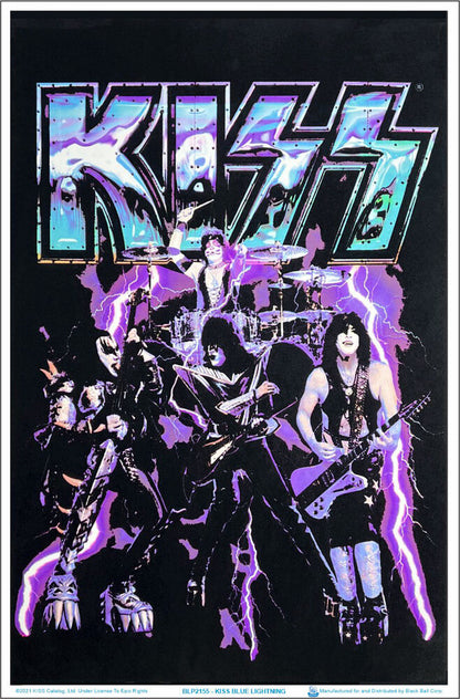 KISS Blue Lightening Flocked Blacklight Poster