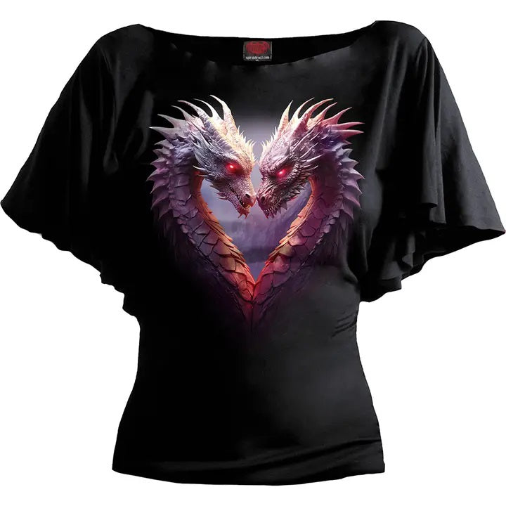 Heart of Dragons - Boat Neck Bat Sleeve Top Black
