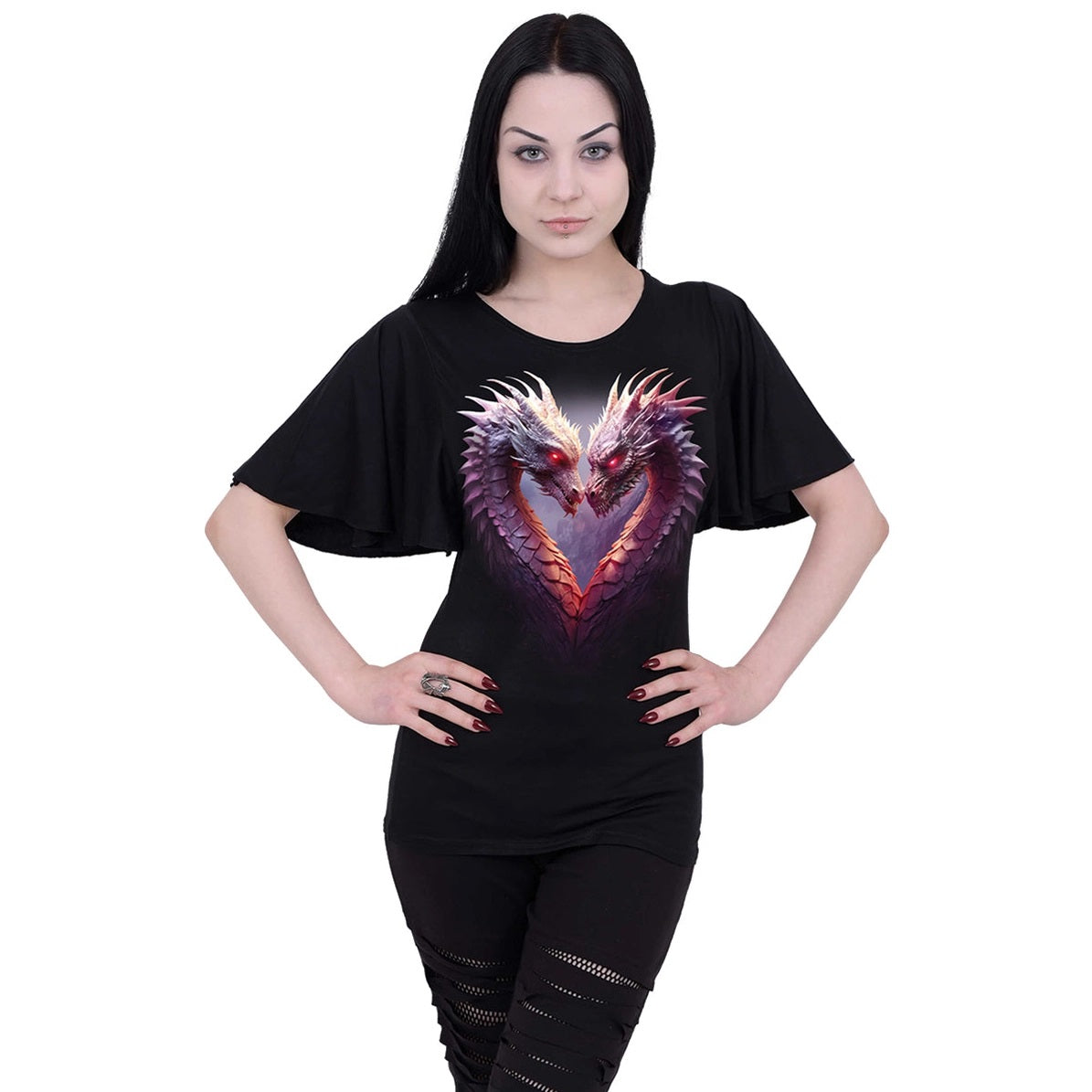 Heart of Dragons - Boat Neck Bat Sleeve Top Black