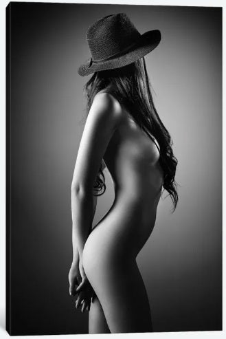 Nøgen kvinde med hat af Johan Swanepoel, lærredstryk