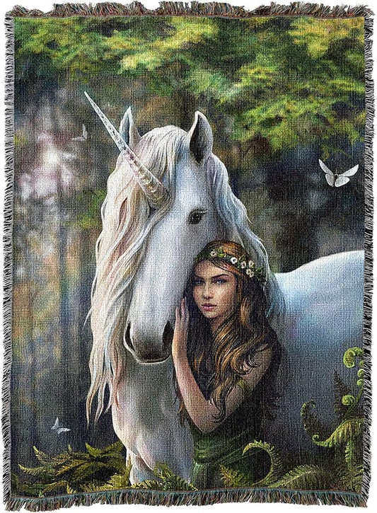 Forest Maiden Unicorn by Anne Stokes, Tapestry Throw Woven from Cotton