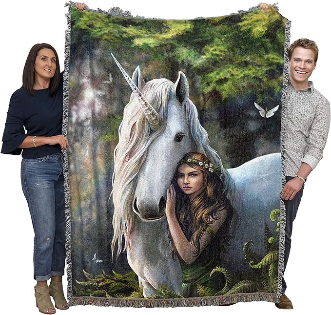Forest Maiden Unicorn by Anne Stokes, Tapestry Throw Woven from Cotton
