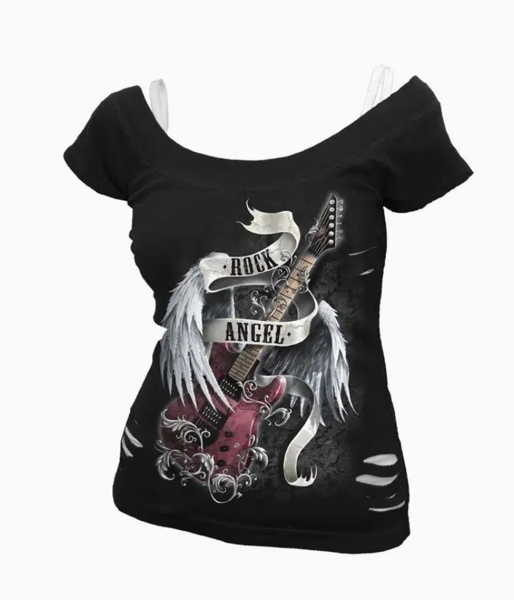 Rock Angel - 2in1 White Ripped Top Black