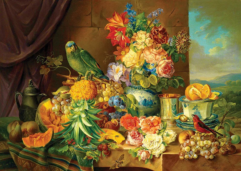 Still Life with Fruit Flowers and Parrot by Josef Schuster, 1000 Piece Puzzle