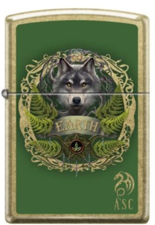 Zippo Anne Stokes Wolf Elemental Earth Design, Street Brass