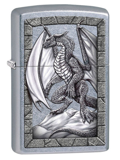 Zippo Lighter: Dragon on Rock - Street Chrome