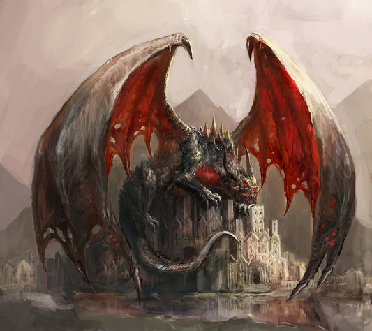 Gigantic Fire Dragon & Castle, Fine Art Print