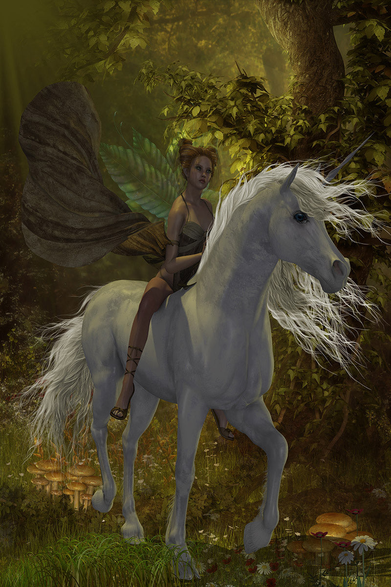 Fairy Riding Unicorn af Corey Ford, kunsttryk
