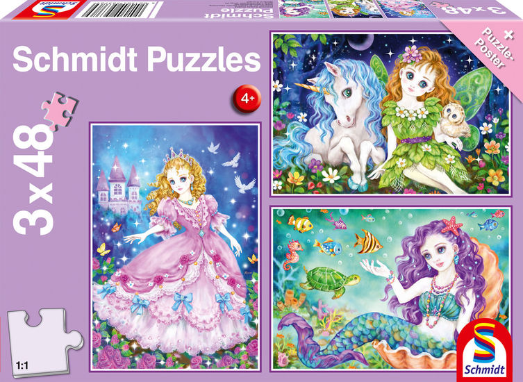 Prinses, Fee en Zeemeermin van Schmidt, puzzels van 3 x 48 stukjes