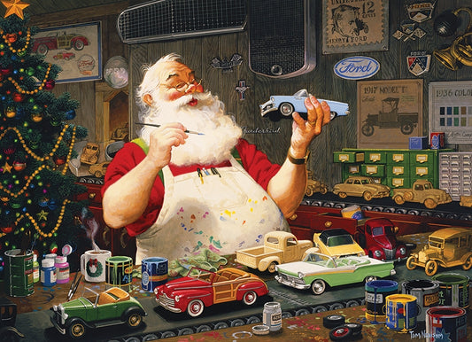 Kerstman die auto's schildert door Tom Newsom, puzzel van 1000 stukjes