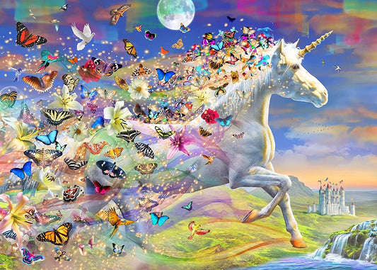 Unicorn and Butterfly's af Adrian Chesterman, 500 brikkers puslespil og krystalkunst