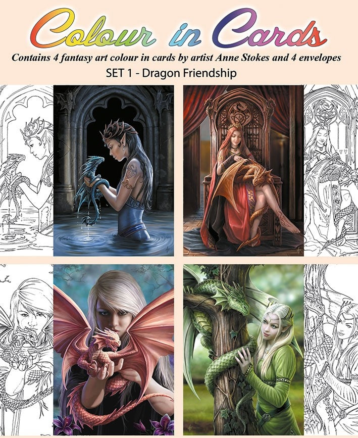 Dragon Friendship by Anne Stokes Color in Cards Greeting Card 4 Piece Set