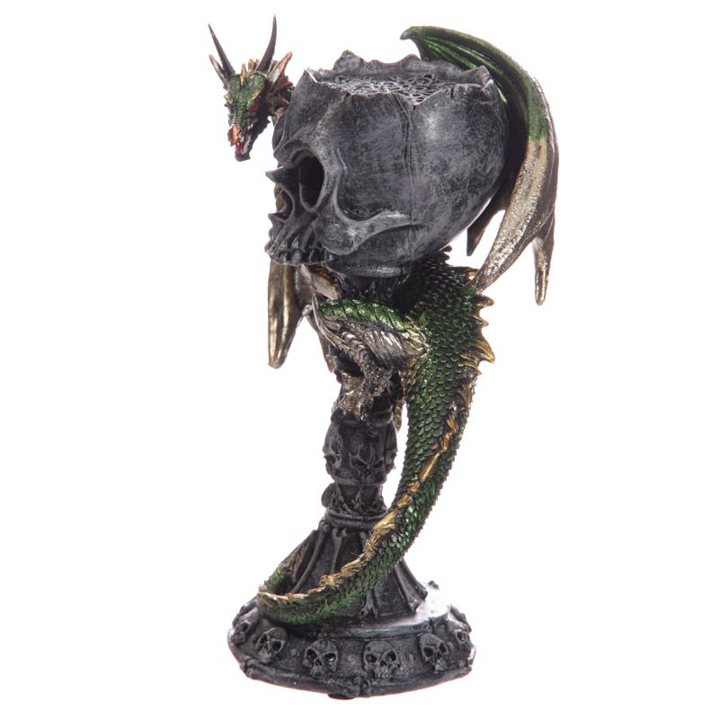 Dark Legends Skull Goblet Tea Light Candle Holder Green Dragon