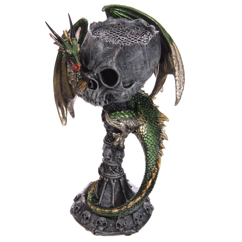 Dark Legends Skull Goblet Tea Light Candle Holder Green Dragon
