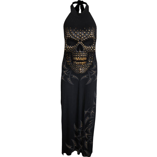 ZWART GOUD - Lange jurk met halternek en striksluiting