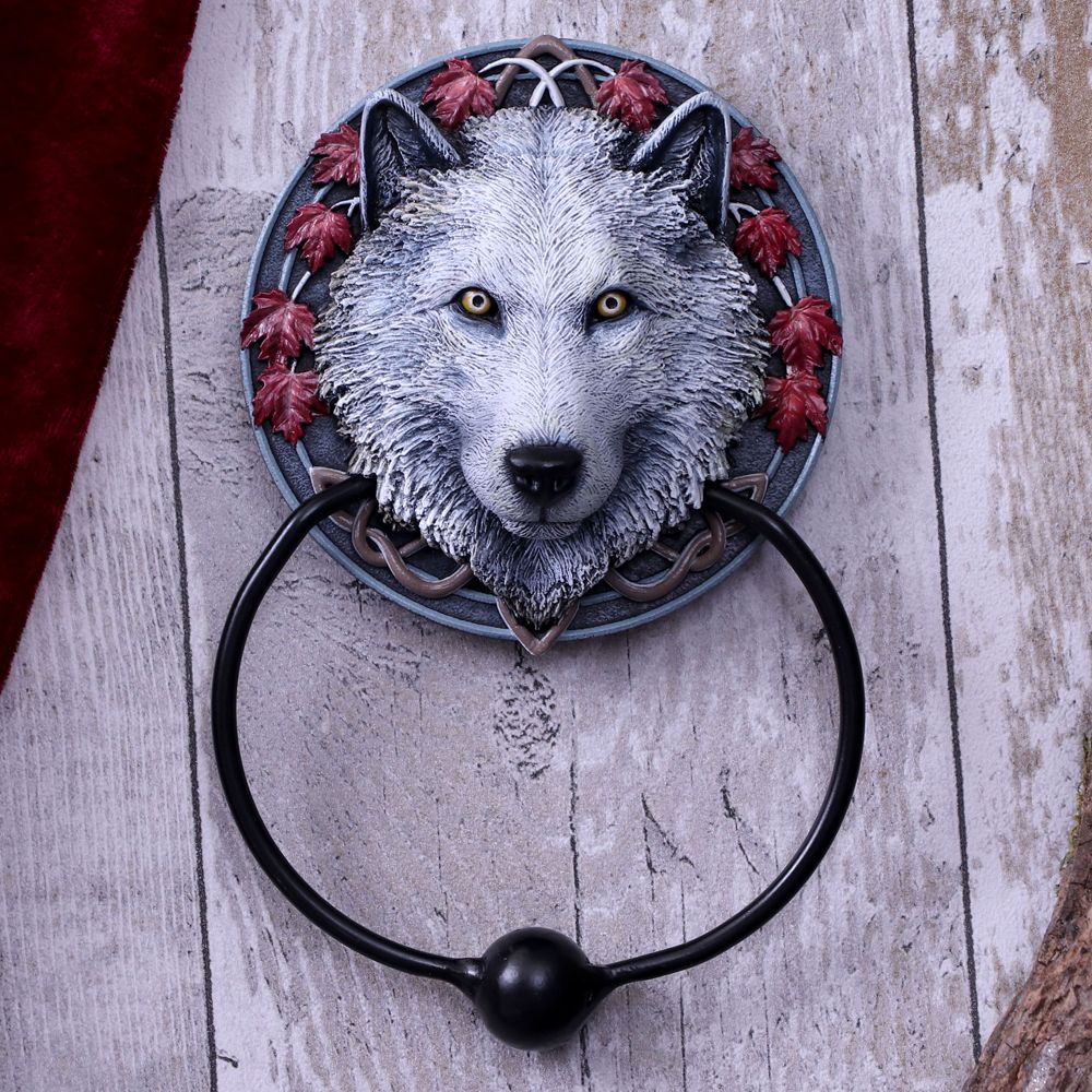 Lisa Parker Guardian of the Fall White Autumn Wolf Door Knocker
