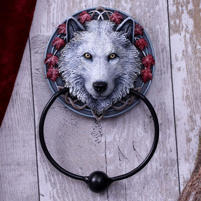 Lisa Parker Guardian of the Fall White Autumn Wolf Door Knocker