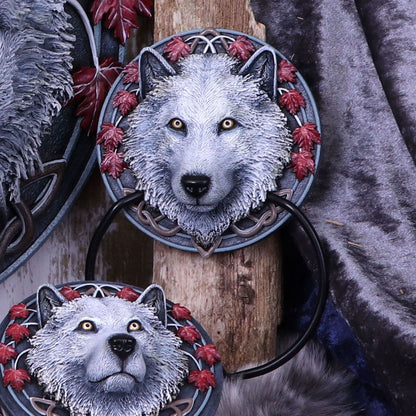 Lisa Parker Guardian of the Fall White Autumn Wolf Door Knocker