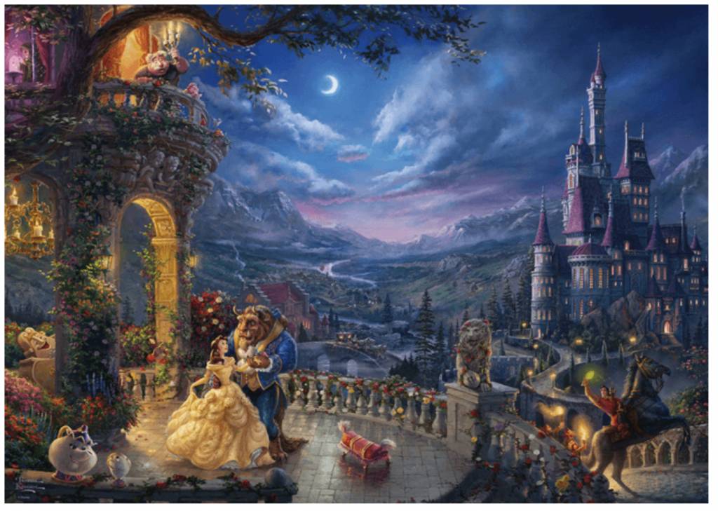 Belle en het beest dansen in het maanlicht door Thomas Kinkade, puzzel van 1000 stukjes