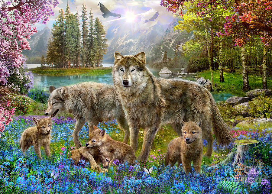 Een wolvenfamilie in de lente door Jan Patrik, puzzel van 1000 stukjes