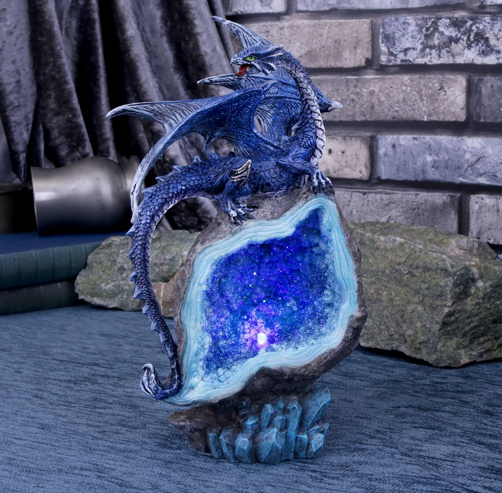 Cobalt Custodian Fantasy Blue Dragon Sitting On A Geode, Figurine